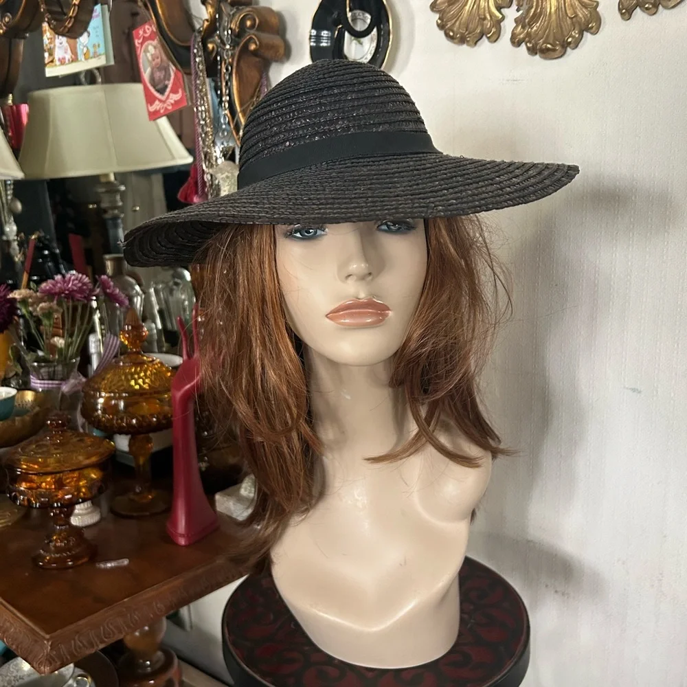 Vintage Black/Brown Straw Wide Brim Derby Hat